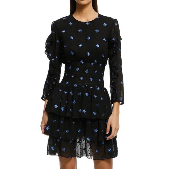 Maje Rocko Dress Floral Embroidered Swiss Dot Sheer Ruffle Smocked Tiered